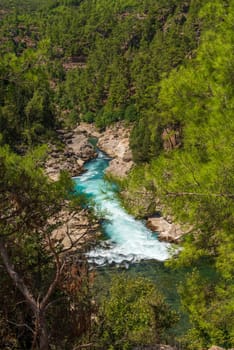 Aerial drone shot of Koprucay river from Koprulu Canyon in Manavgat, Antalya, Turkey