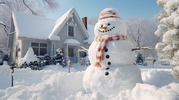 Cartoon postcard snowman in front of a snow-covered house, cozy atmosphere of the family holidays of Christmas and New Year, holiday winter greeting card AI