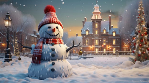 Cartoon postcard snowman in front of a snow-covered house, cozy atmosphere of the family holidays of Christmas and New Year, holiday winter greeting card AI