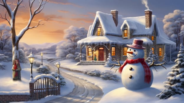 Cartoon postcard snowman in front of a snow-covered house, cozy atmosphere of the family holidays of Christmas and New Year, holiday winter greeting card AI