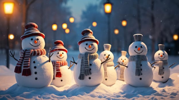 Many snowmen crowded together on the evening snowy street. Festive mood, atmosphere of happy childhood and Christmas, AI