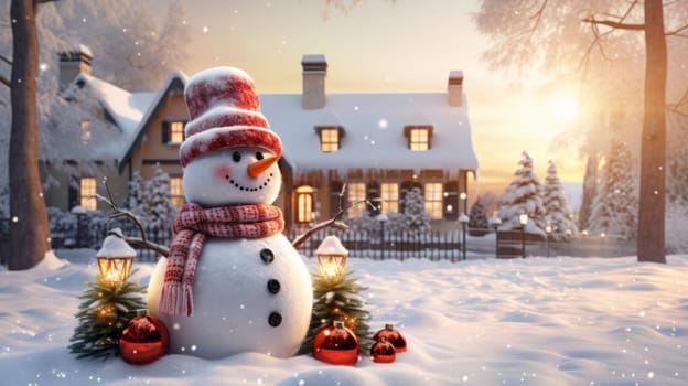 Cartoon postcard snowman in front of a snow-covered house, cozy atmosphere of the family holidays of Christmas and New Year, holiday winter greeting card AI