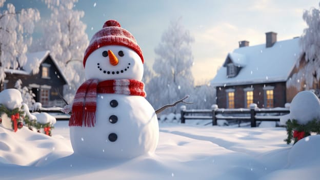 Cartoon postcard snowman in front of a snow-covered house, cozy atmosphere of the family holidays of Christmas and New Year, holiday winter greeting card AI