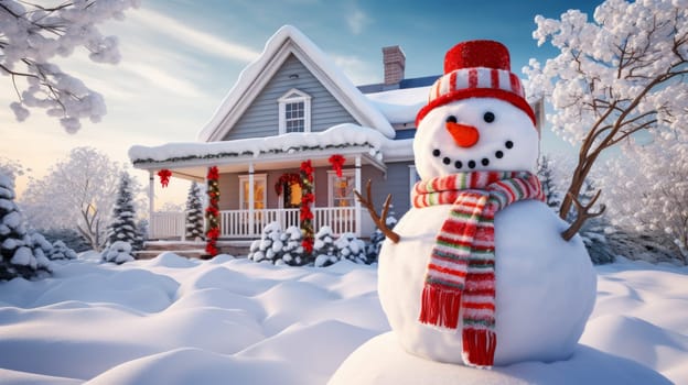 Cartoon postcard snowman in front of a snow-covered house, cozy atmosphere of the family holidays of Christmas and New Year, holiday winter greeting card AI