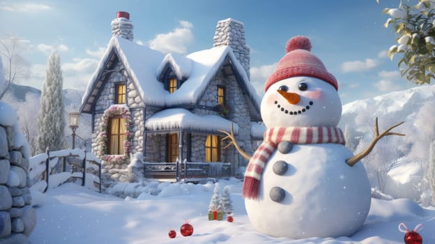 Cartoon postcard snowman in front of a snow-covered house, cozy atmosphere of the family holidays of Christmas and New Year, holiday winter greeting card AI