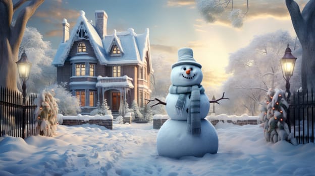 Cartoon postcard snowman in front of a snow-covered house, cozy atmosphere of the family holidays of Christmas and New Year, holiday winter greeting card AI