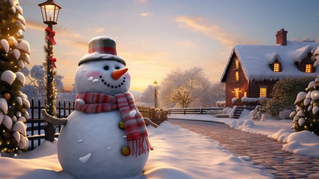 Cartoon postcard snowman in front of a snow-covered house, cozy atmosphere of the family holidays of Christmas and New Year, holiday winter greeting card AI