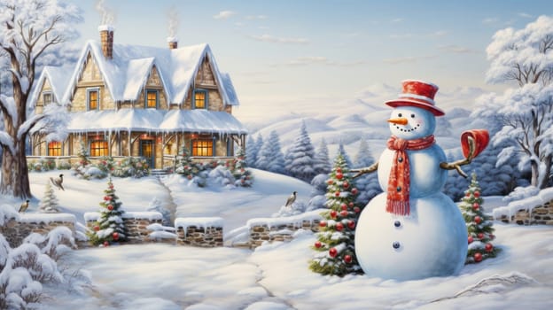 Cartoon postcard snowman in front of a snow-covered house, cozy atmosphere of the family holidays of Christmas and New Year, holiday winter greeting card AI