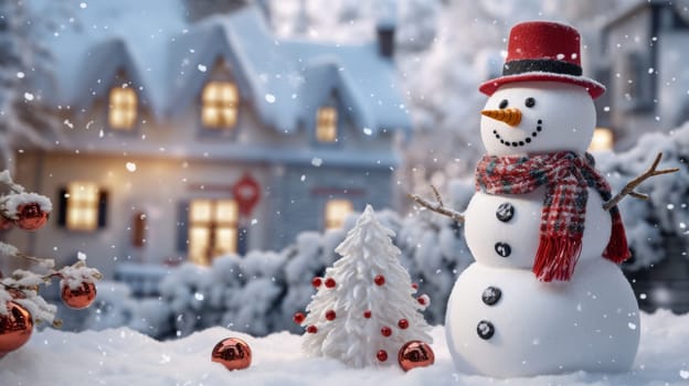 Cartoon postcard snowman in front of a snow-covered house, cozy atmosphere of the family holidays of Christmas and New Year, holiday winter greeting card AI