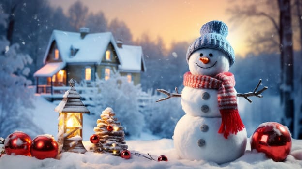 Cartoon postcard snowman in front of a snow-covered house, cozy atmosphere of the family holidays of Christmas and New Year, holiday winter greeting card AI