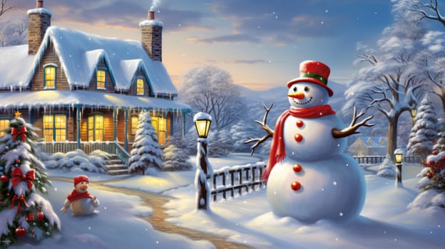 Cartoon postcard snowman in front of a snow-covered house, cozy atmosphere of the family holidays of Christmas and New Year, holiday winter greeting card AI