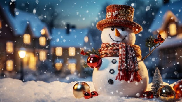 Cartoon postcard snowman in front of a snow-covered house, cozy atmosphere of the family holidays of Christmas and New Year, holiday winter greeting card AI