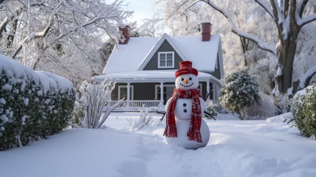 Cartoon postcard snowman in front of a snow-covered house, cozy atmosphere of the family holidays of Christmas and New Year, holiday winter greeting card AI