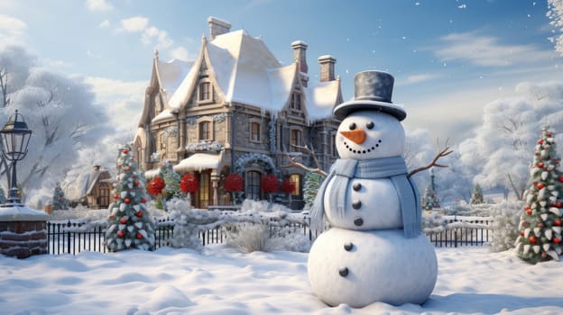 Cartoon postcard snowman in front of a snow-covered house, cozy atmosphere of the family holidays of Christmas and New Year, holiday winter greeting card AI