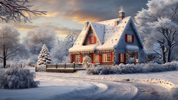 Winter snowy panoramic landscape with a cozy family home. Holiday greeting card snowy street and cute Christmas houses. Christmas and New Year holiday concept, AI