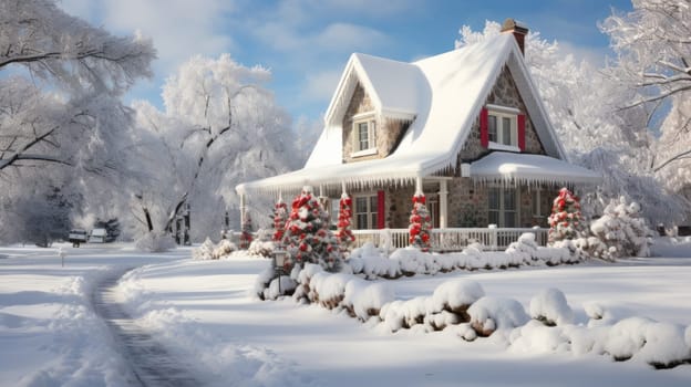 Winter snowy panoramic landscape with a cozy family home. Holiday greeting card snowy street and cute Christmas houses. Christmas and New Year holiday concept, AI