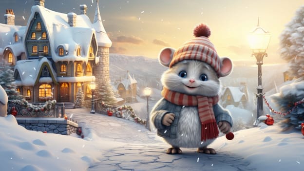 Winter landscape cartoon postcard mouse in front of a snow-covered house, cozy atmosphere of the family holidays of Christmas and New Year, holiday winter greeting card AI