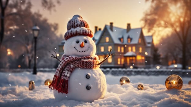 Cartoon postcard snowman in front of a snow-covered house, cozy atmosphere of the family holidays of Christmas and New Year, holiday winter greeting card AI