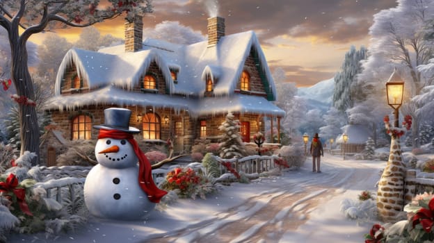 Cartoon postcard snowman in front of a snow-covered house, cozy atmosphere of the family holidays of Christmas and New Year, holiday winter greeting card AI