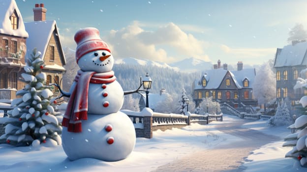 Cartoon postcard snowman in front of a snow-covered house, cozy atmosphere of the family holidays of Christmas and New Year, holiday winter greeting card AI