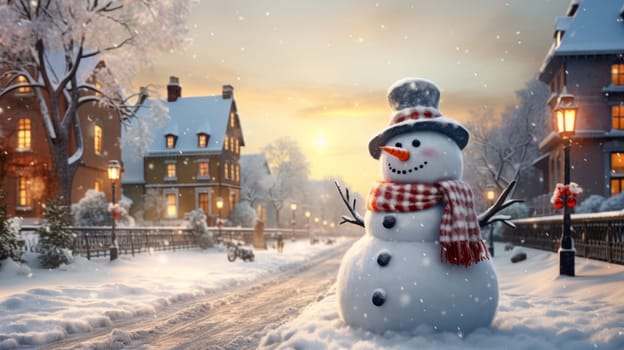 Cartoon postcard snowman in front of a snow-covered house, cozy atmosphere of the family holidays of Christmas and New Year, holiday winter greeting card AI