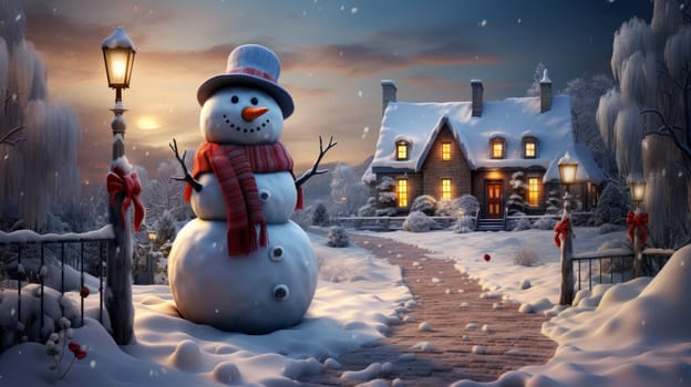 Cartoon postcard snowman in front of a snow-covered house, cozy atmosphere of the family holidays of Christmas and New Year, holiday winter greeting card AI