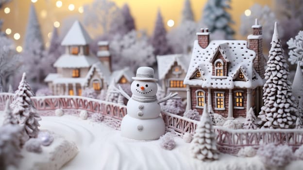 Cartoon postcard snowman in front of a snow-covered house, cozy atmosphere of the family holidays of Christmas and New Year, holiday winter greeting card AI