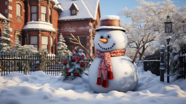 Cartoon postcard snowman in front of a snow-covered house, cozy atmosphere of the family holidays of Christmas and New Year, holiday winter greeting card AI