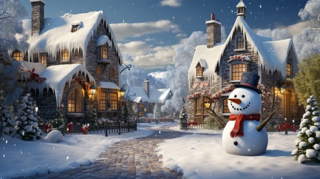 Cartoon postcard snowman in front of a snow-covered house, cozy atmosphere of the family holidays of Christmas and New Year, holiday winter greeting card AI