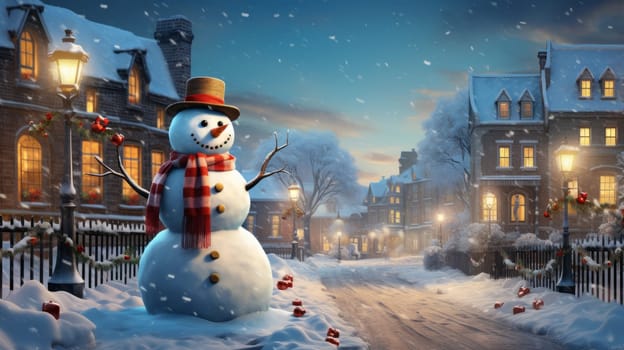 Cartoon postcard snowman in front of a snow-covered house, cozy atmosphere of the family holidays of Christmas and New Year, holiday winter greeting card AI