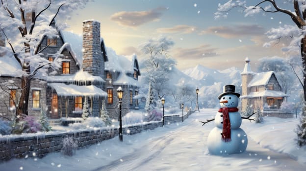 Cartoon postcard snowman in front of a snow-covered house, cozy atmosphere of the family holidays of Christmas and New Year, holiday winter greeting card AI