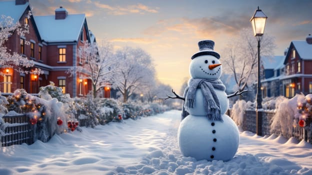 Cartoon postcard snowman in front of a snow-covered house, cozy atmosphere of the family holidays of Christmas and New Year, holiday winter greeting card AI