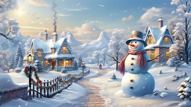 Cartoon postcard snowman in front of a snow-covered house, cozy atmosphere of the family holidays of Christmas and New Year, holiday winter greeting card AI