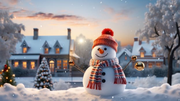 Cartoon postcard snowman in front of a snow-covered house, cozy atmosphere of the family holidays of Christmas and New Year, holiday winter greeting card AI