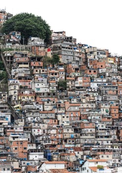 A dense favela on a steep hill with crowded homes showcases socio-economic inequality.