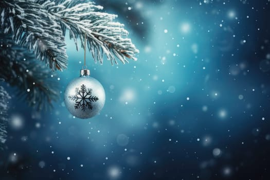 Christmas and New Years Eve background. Holiday background with Christmas baubles on fir tree with highlights and soft bokeh background. Template with text area for designing posters, web banners etc