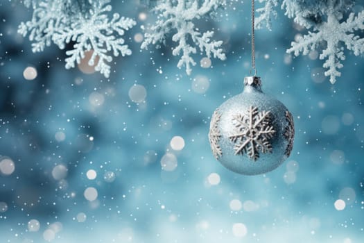 Christmas and New Years Eve background. Holiday background with Christmas baubles on fir tree with highlights and soft bokeh background. Template with text area for designing posters, web banners etc