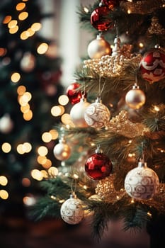 Christmas and New Years Eve background. Holiday background with Christmas baubles on fir tree with highlights and soft bokeh background. Template with text area for designing posters, web banners etc