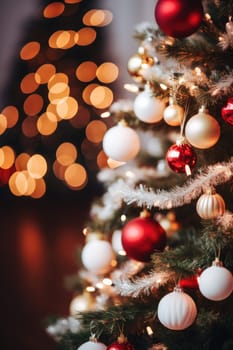 Christmas and New Years Eve background. Holiday background with Christmas baubles on fir tree with highlights and soft bokeh background. Template with text area for designing posters, web banners etc