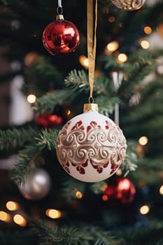 Christmas and New Years Eve background. Holiday background with Christmas baubles on fir tree with highlights and soft bokeh background. Template with text area for designing posters, web banners etc