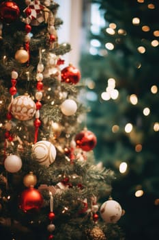 Christmas and New Years Eve background. Holiday background with Christmas baubles on fir tree with highlights and soft bokeh background. Template with text area for designing posters, web banners etc