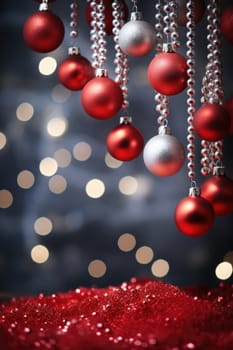 Christmas and New Years Eve background. Holiday background with Christmas baubles on fir tree with highlights and soft bokeh background. Template with text area for designing posters, web banners etc