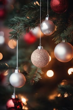 Christmas and New Years Eve background. Holiday background with Christmas baubles on fir tree with highlights and soft bokeh background. Template with text area for designing posters, web banners etc