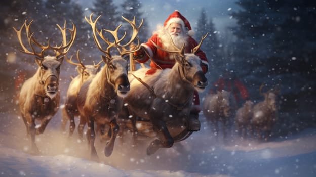 Santa Claus and his sleigh and reindeer rush to childrens homes with presents to celebrate Christmas and the New Year.