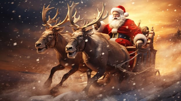 Santa Claus and his sleigh and reindeer rush to childrens homes with presents to celebrate Christmas and the New Year.