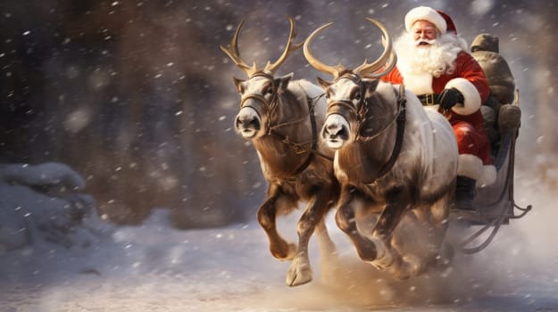 Santa Claus and his sleigh and reindeer rush to childrens homes with presents to celebrate Christmas and the New Year.