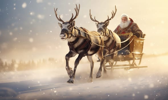 Santa Claus and his sleigh and reindeer rush to childrens homes with presents to celebrate Christmas and the New Year.