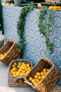 Wicker baskets with tangerines and lemons stand near a table covered with a colorful tablecloth and entwined with ivy. High quality photo