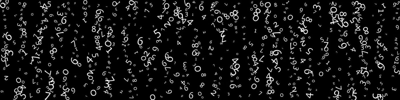 Falling numbers, big data concept. Binary white messy flying digits. Fetching futuristic banner on black background. Digital illustration with falling numbers.