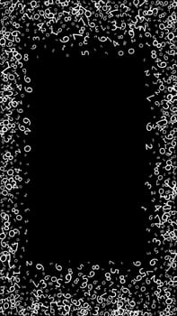 Falling numbers, big data concept. Binary white messy flying digits. Neat futuristic banner on black background. Digital illustration with falling numbers.
